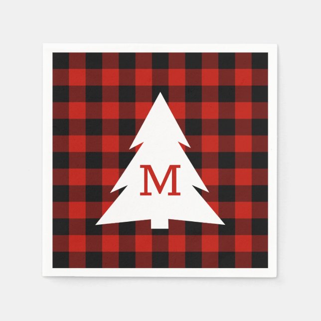 Red Black Buffalo Kariert Monogram Holiday Party Serviette (Vorderseite)