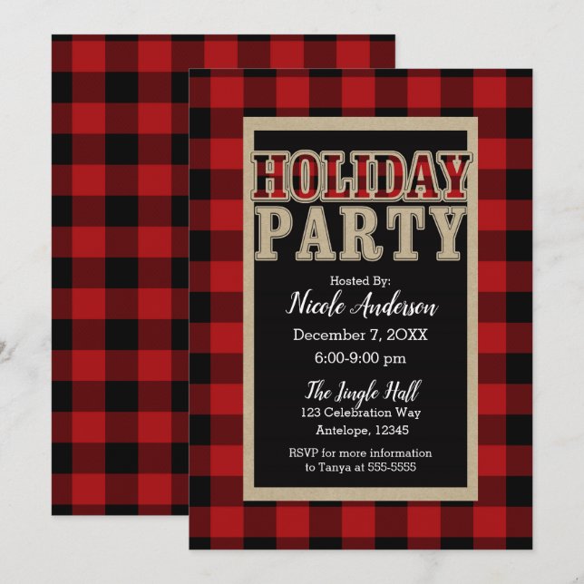 Red Black Buffalo Kariert Rustic Holiday Party Einladung (Vorne/Hinten)