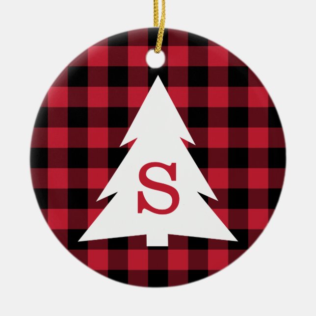Red Black Buffalo Karo Monogram Weihnachtsbaum Keramik Ornament (Vorne)