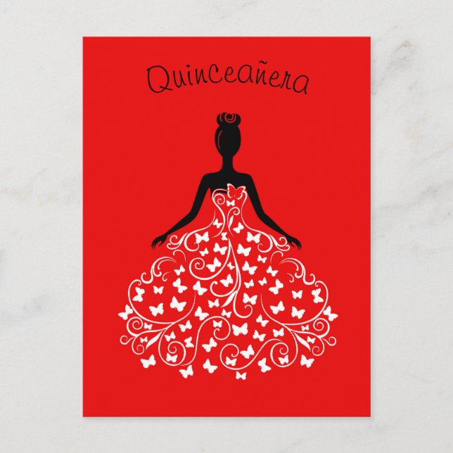 Red Black Butterfly Gown Quinceanera Einladung (Vorderseite)