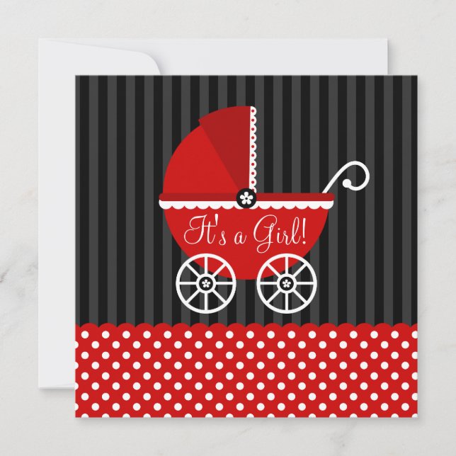 Red Black Carriage Dots Girl Babydusche Einladung (Vorderseite)