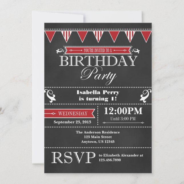 Red Black Chalkboard Invitation d'anniversaire (Devant)