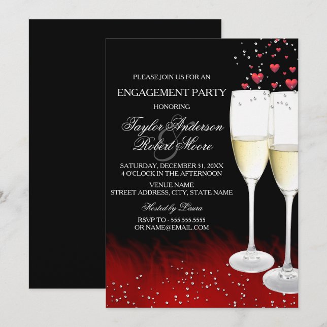 Red Black Champagne & Hearts Engagement Party Einladung (Vorne/Hinten)