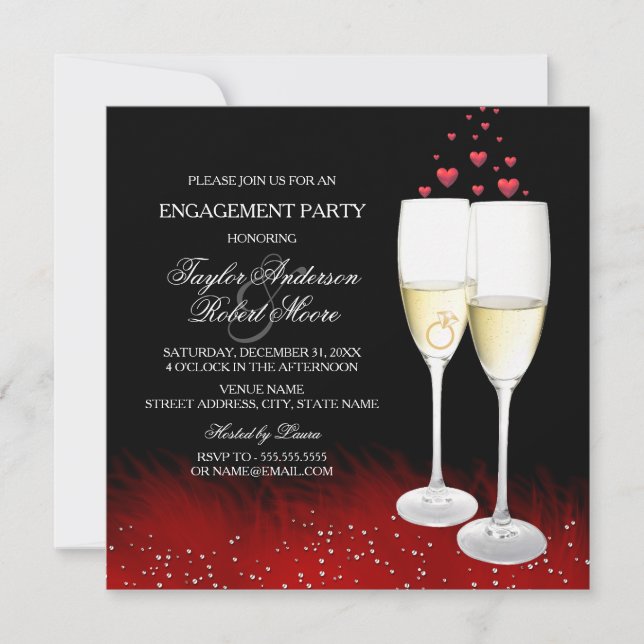 Red Black Champagner Ring Herzlich Engagement Part Einladung (Vorderseite)