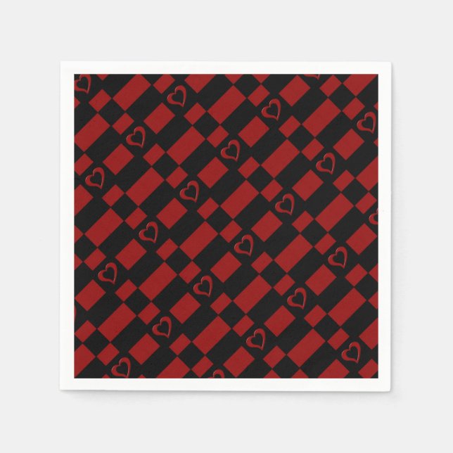 Red & Black Checkered Heart Pattern Napkins Serviette (Vorderseite)