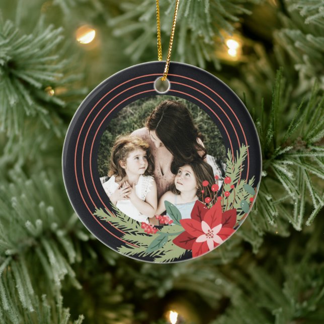Red Black Circle Christmas Foto Poinsettia Floral Keramik Ornament (Baum)