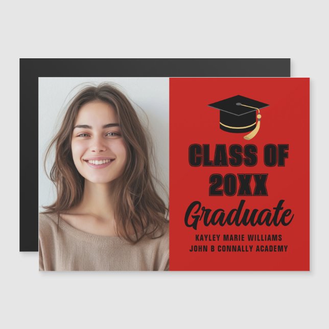 Red Black Class of 2026 Graduation Photo Magnet (Vorne/Hinten)