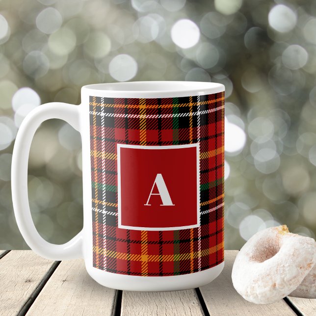 Red Black Classic Christmas Kariert Monogram Initi Kaffeetasse (Von Creator hochgeladen)