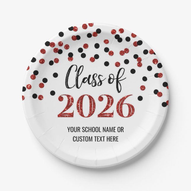 Red Black Confetti Graduation 2026 Pappteller (Vorderseite)