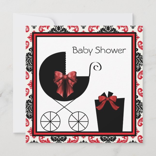 Red Black Damask Baby Shower Invitations (Devant)