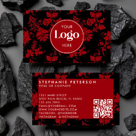 Red & Black Damask Custom Logo QR Code Template Visitenkarte