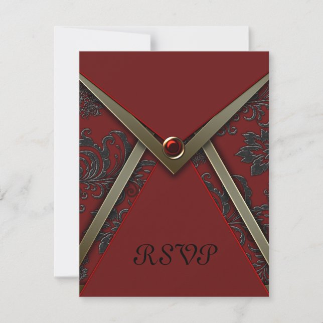 Red Black Damask Gold Trial RSVP Card (Vorderseite)