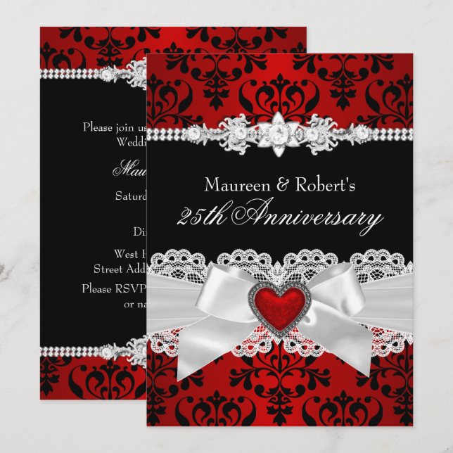 Red Black Damask Heart Bow 25. Geburtstag Einladung (Vorne/Hinten)