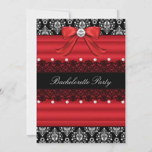 Red & Black Damask Lace Junggeselinnen-Abschied la Einladung (Vorderseite)