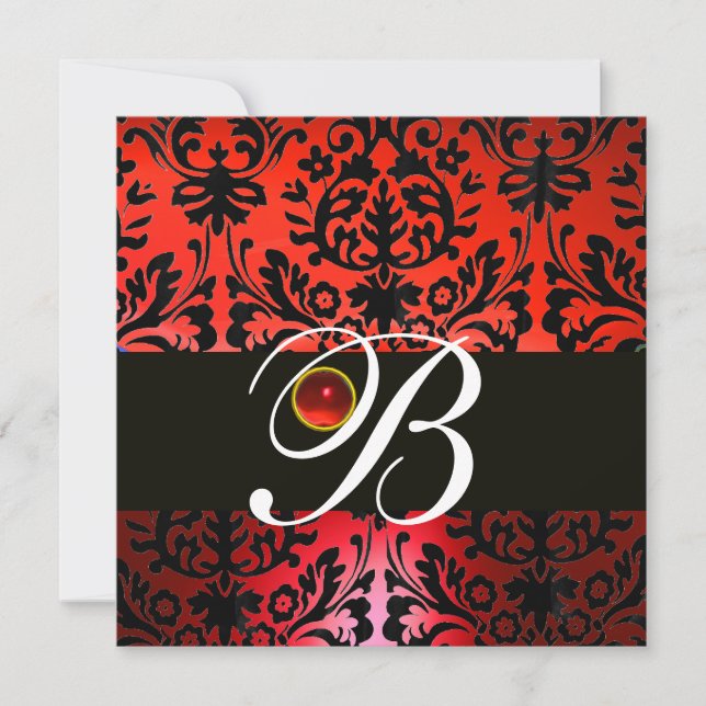 RED BLACK DAMASK MONOGRAM White Ruby Einladung (Vorderseite)