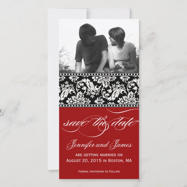 Red Black Damask Save the Date Fotokarte (Vorderseite)