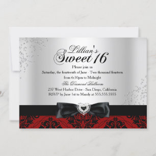 Red Black Damask Sparkle Sweet 16 Einladung
