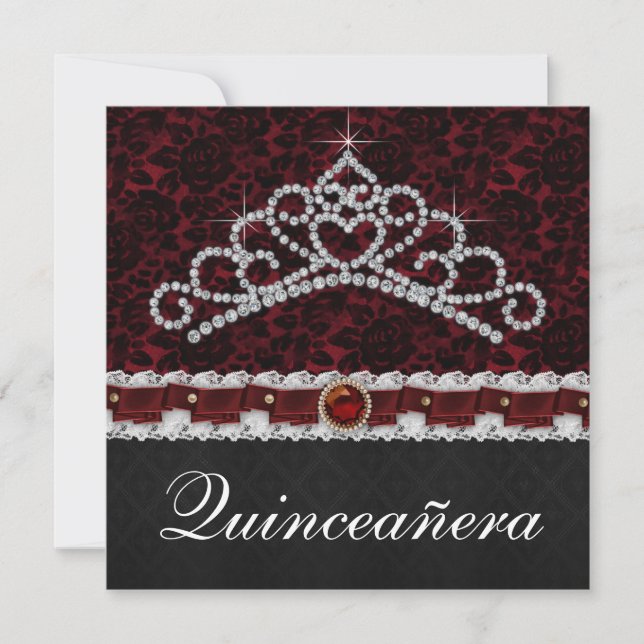 Red Black Damask Tiara Red Black Quinceanera Einladung (Vorderseite)