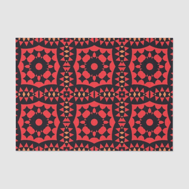 Red & Black Decorative Tribal Geometric Muster Seidenpapier (Vorderseite)
