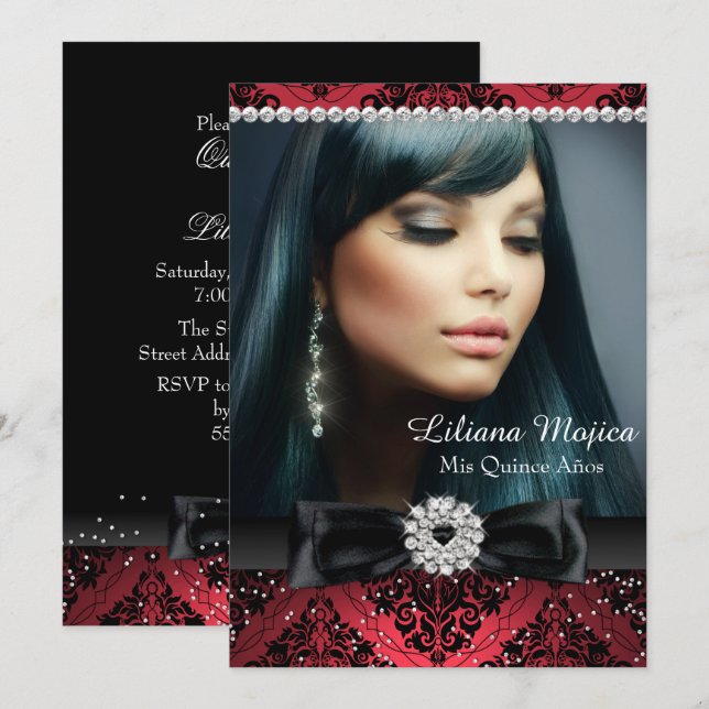 Red Black Diamond Bow Damask Quinceanera Einladung (Vorne/Hinten)