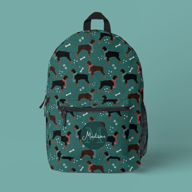 Red & Black Dobermans in Scarves Wintermuster Bedruckter Rucksack (Doberman Patterned Backpack with Monogram)