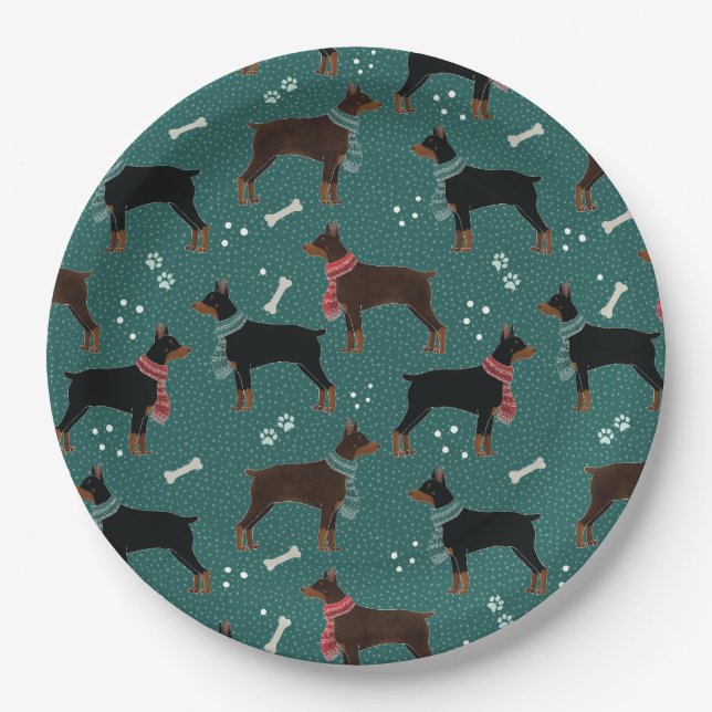 Red & Black Dobermans in Scarves Wintermuster Pappteller (Vorderseite)