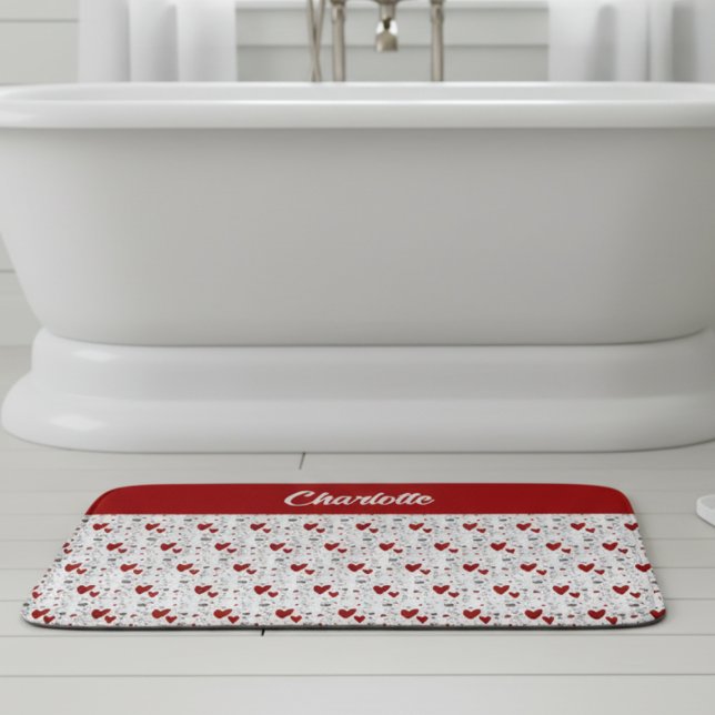 Red Black Doodle Hearts Retro Monogram Name Badematte (cute red and black retro hearts theme custom bath mat with name monogram)