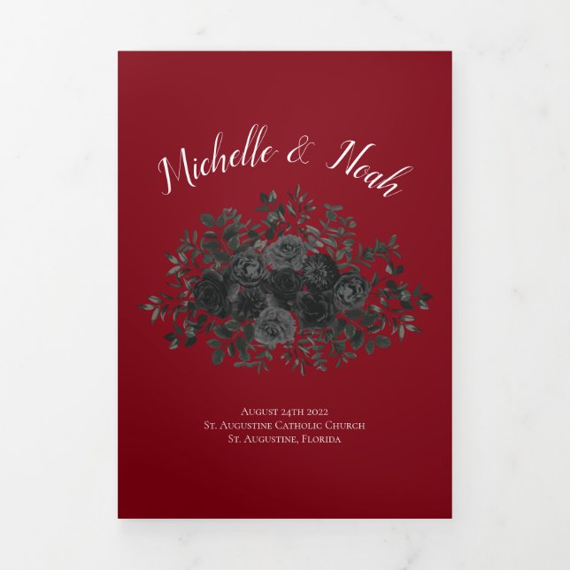 Red Black Elegante Rose Gothic Wedding Dreifach-gefaltete Programmkarte (Cover)