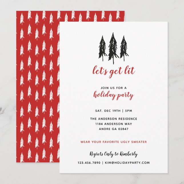 Red & Black Evergreen Tree Pattern Urlaubsparty Einladung (Vorne/Hinten)