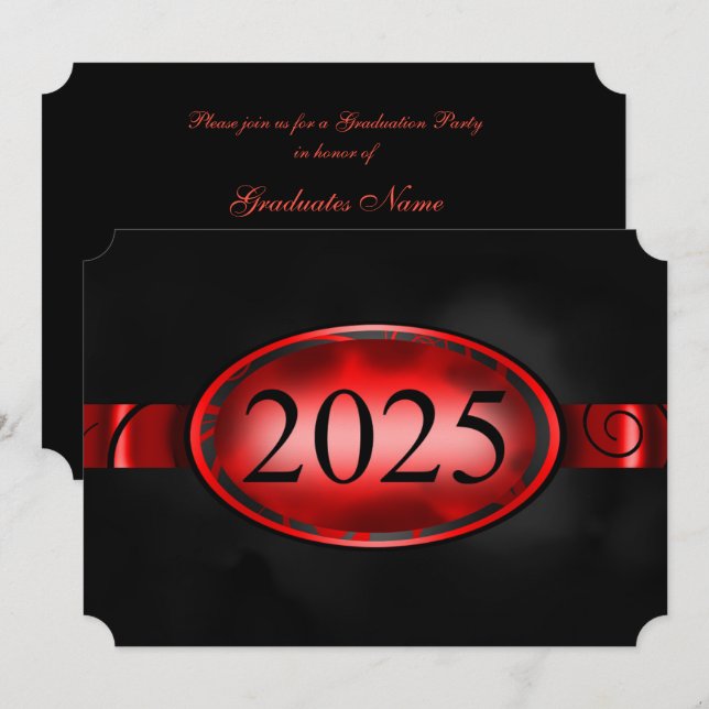 Red & Black Floral Button 2025 Graduation Party Einladung (Vorne/Hinten)