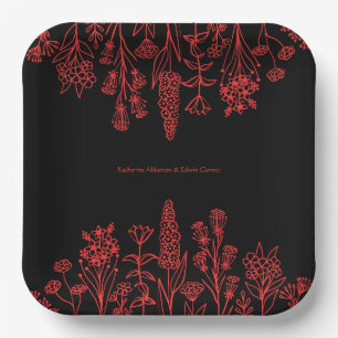 Red Black Floral Minimal Moderne gotische Hochzeit Pappteller