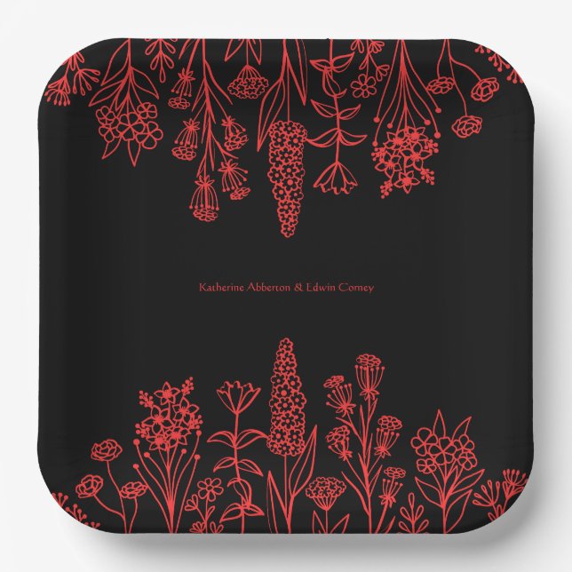 Red Black Floral Minimal Moderne gotische Hochzeit Pappteller (Vorderseite)