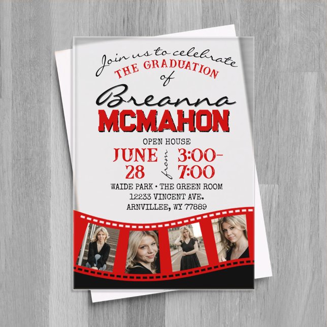 Red & Black Foto Abschluss Filmstrip Mattiert Acryleinladungen (Unique Red & Black Photo Graduation Filmstrip 4 Photo Frosted Acrylic Invitations)