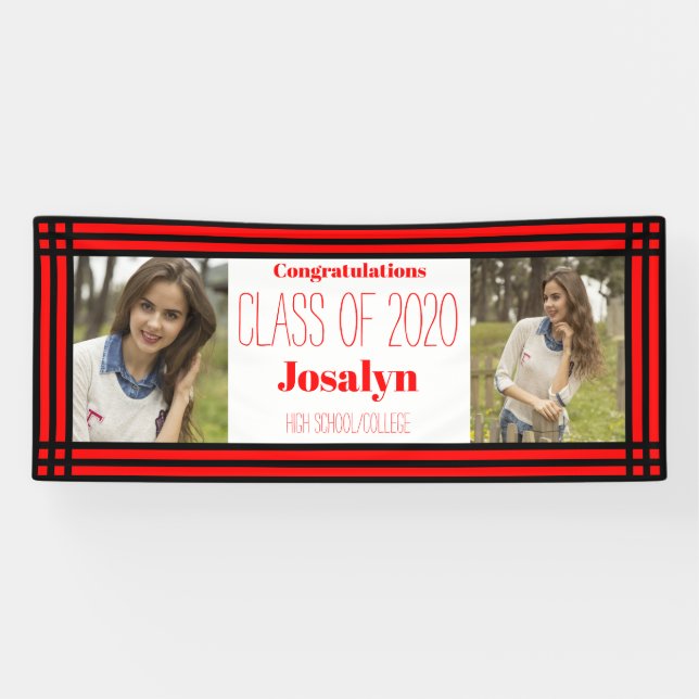 Red Black Geometric Two Fotos Abschluss Banner (Horizontal)