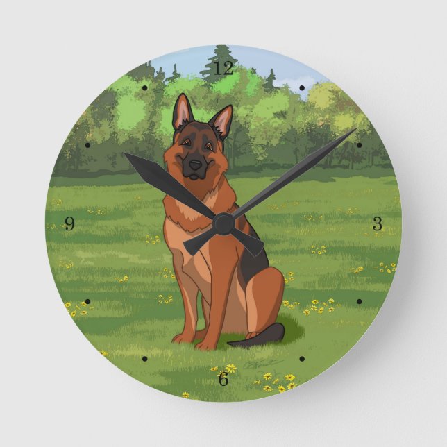 Red & Black German Shepherd GSD Runde Wanduhr (Vorderseite)