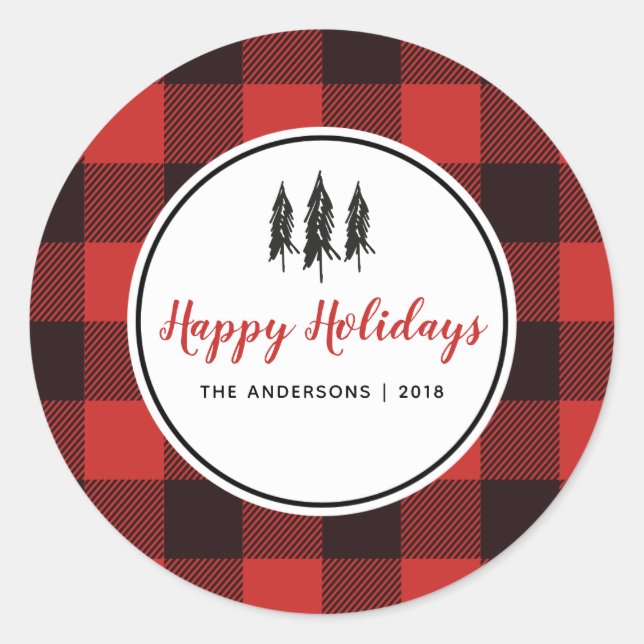Red & Black Gingham Flannel Weihnachtsbaum Runder Aufkleber (Vorderseite)