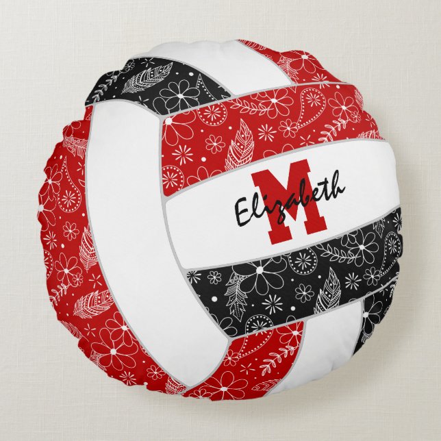 Red Black Girls boho Federn Muster Volleyball Rundes Kissen (Vorderseite)