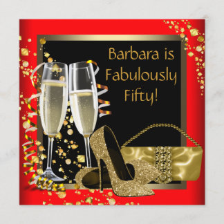 Red Black Gold Champagne 50. Geburtstagsparty Einladung