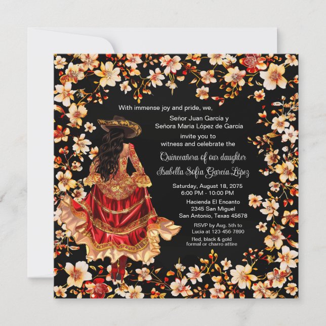 Red Black Gold Charra Quinceñera Einladung (Vorderseite)