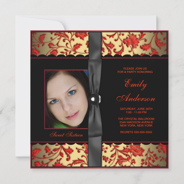Red Black Gold Damask Foto Sweet 16 Party Einladung (Vorderseite)