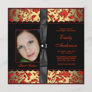 Red Black Gold Damask Foto Sweet 16 Party Einladung
