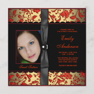 Red Black Gold Damask Foto Sweet 16 Party Einladung
