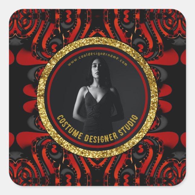 Red Black + Gold Dark Artistry Business Promo Self Quadratischer Aufkleber (Vorderseite)