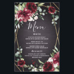 Red Black Gold Floral Elegante Wedding Menu Cards<br><div class="desc">Das Design zeichnet sich durch eine schwarze Chalkboard-Druckstruktur für den Hintergrund aus. Der geometrisch bedruckte,  goldfarbene Rahmen ist in einer einzigartigen,  eleganten Vegetation aus Eukalyptus und anderen Blätter/Zweigelementen gehalten. Das Design besticht durch bordeauxfarbene rote Rose,  Blume aus Pinien und andere blass rosa Blumenelemente.</div>