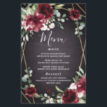 Red Black Gold Floral Elegante Wedding Menu Cards<br><div class="desc">Das Design zeichnet sich durch eine schwarze Chalkboard-Druckstruktur für den Hintergrund aus. Der geometrisch bedruckte,  goldfarbene Rahmen ist in einer einzigartigen,  eleganten Vegetation aus Eukalyptus und anderen Blätter/Zweigelementen gehalten. Das Design besticht durch bordeauxfarbene rote Rose,  Blume aus Pinien und andere blass rosa Blumenelemente.</div>