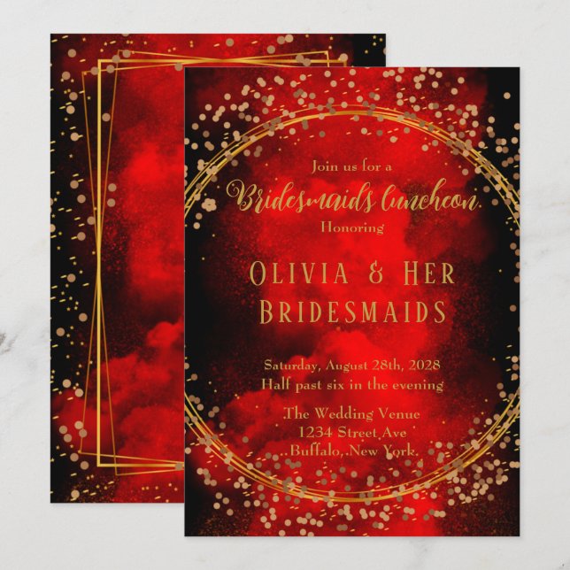 Red Black Gold Geometric Glitzer Bridesmaids Mitta Einladung (Vorne/Hinten)