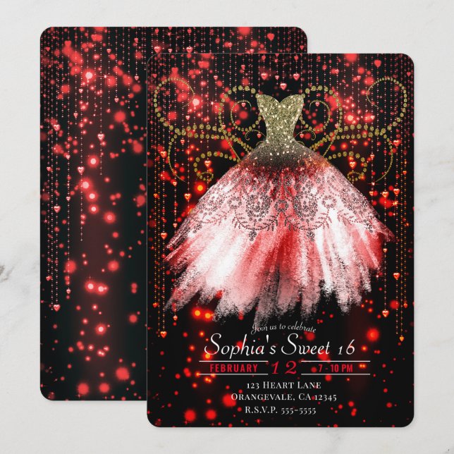 Red Black Gold Glitzer Dress Sweet 16 Party Einladung (Vorne/Hinten)