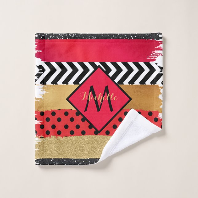 Red Black Gold Glitzer Pinselstriche Mit Monogramm Badhandtuch Set (Waschlappen)