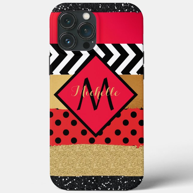 Red Black Gold Glitzer Pinselstriche Mit Monogramm Case-Mate iPhone Hülle (Rückseite)