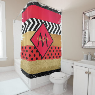 Red Black Gold Glitzer Pinselstriche Mit Monogramm Duschvorhang